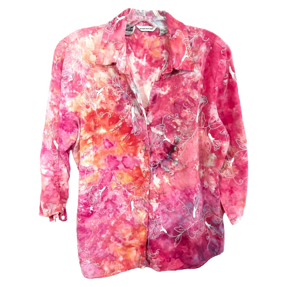 Richard Malcolm Large Top‎ Handmade Tie Dye Linen Button Floral Embroidered 1431